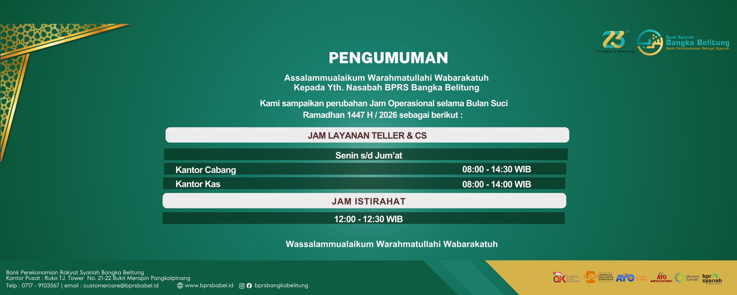 Diberitahukan kepada seluruh NasabahMasyarakat bahwa terhitung pada tanggal 10 November 2025, Kantor PT BPRS Bangka Belitung Cabang Tanjung Pandan akan beroperasi pada Kantor Baru dengan alamat (4)